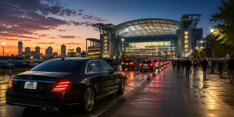 Luxury black car arriving at NRG Stadium before an evening event, with light traffic, walking fans, and a colorful sunset skyline.